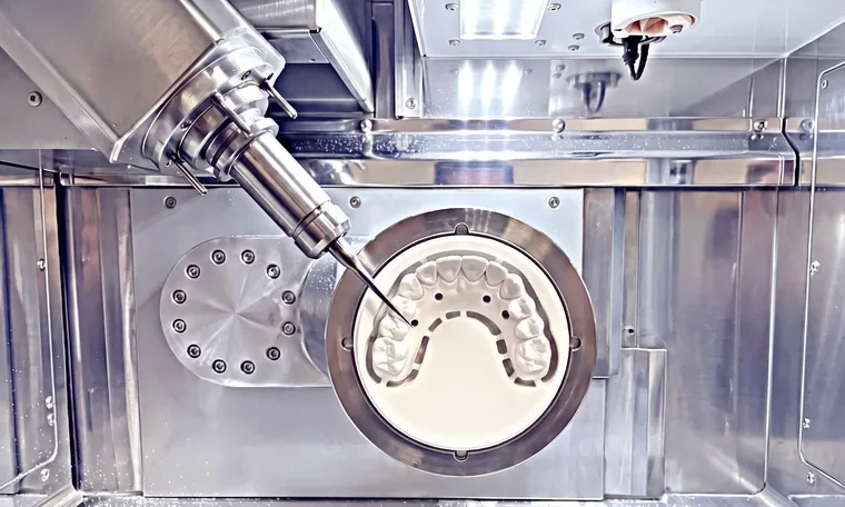 Robotic mill cutting a full-arch zirconia bridge from a milling disc