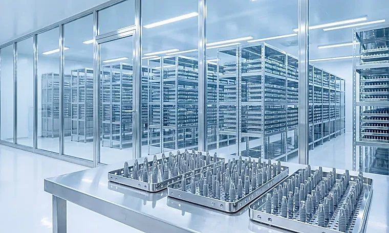 Sterile storage room filled with racks of titanium dental implants